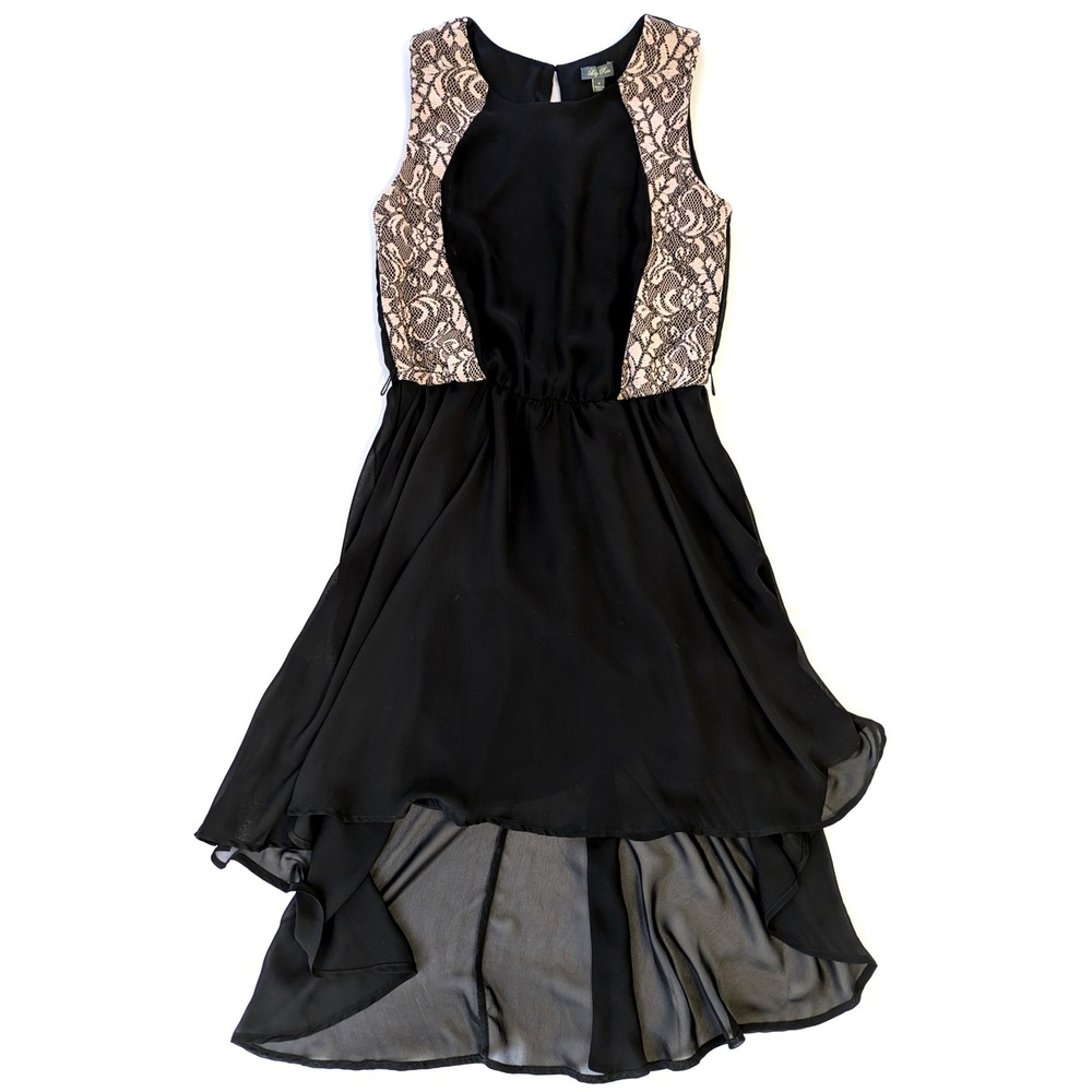 Lily Rose Black Chiffon High Low Dress Lace Bodice Sleeveless Small Keyhole Back